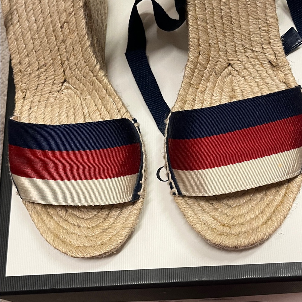 Gucci Navy, Red & Cream Espadrille Wedge Sandals with Ankle Ties - Picture 2 of 10